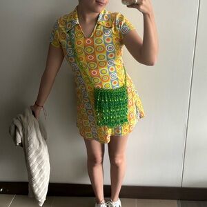 Vintage Y2K Dress XS Mini Short Sleeve Collared Retro Print Multicolor Colorful